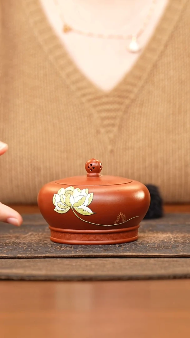 紫砂茶叶罐小罐镂空钮朱泥泥绘荷花