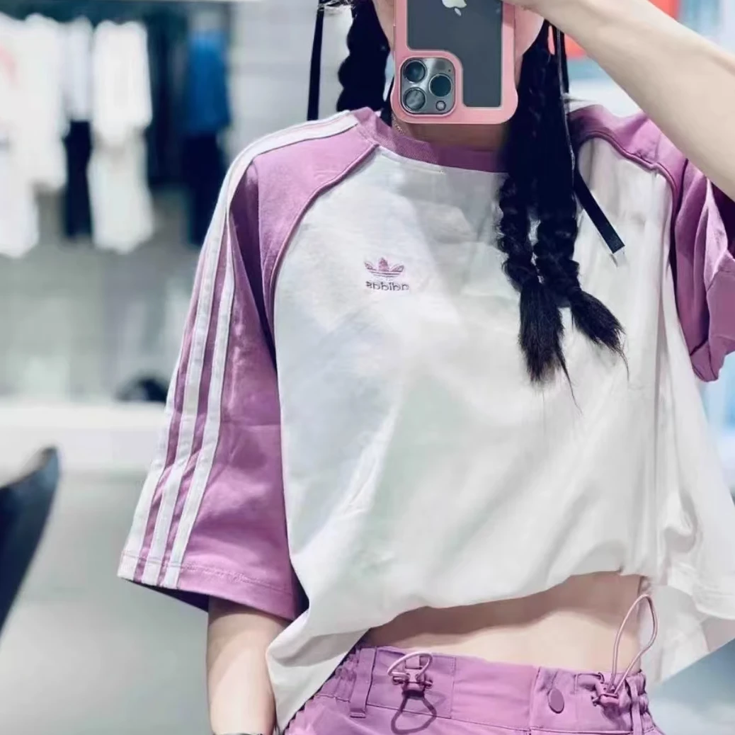 adidas/阿迪达斯官方三叶草撞色纯棉运动上衣短款短袖T恤女2827