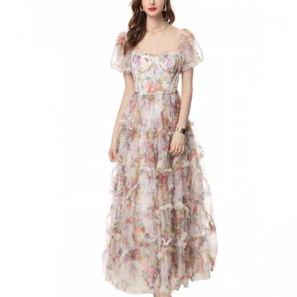 [依易原创]高定轻奢气质印花碎花系带网纱渐变色度假风长裙A0316