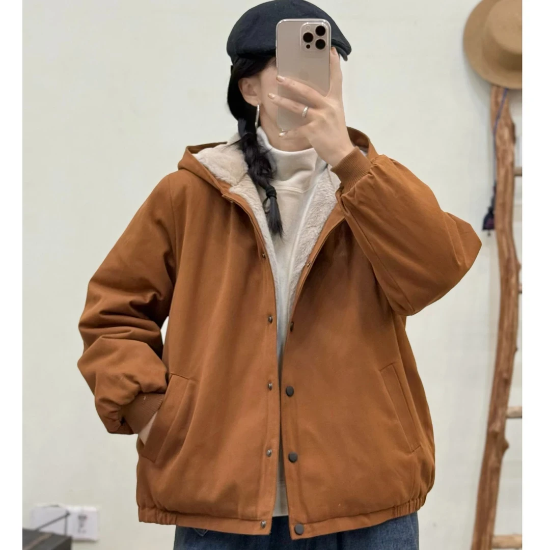 冬季纯色连帽加绒加厚复古棉服短外套宽松保暖休闲韩版棉衣女