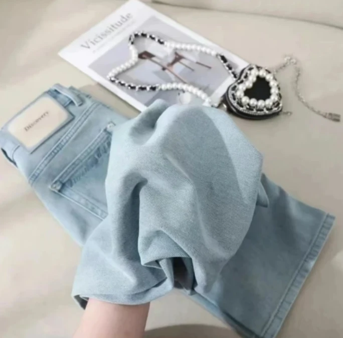 跃【现货+运费险】莱赛尔天丝云水蓝百搭夏显瘦高腰百搭直筒阔腿裤