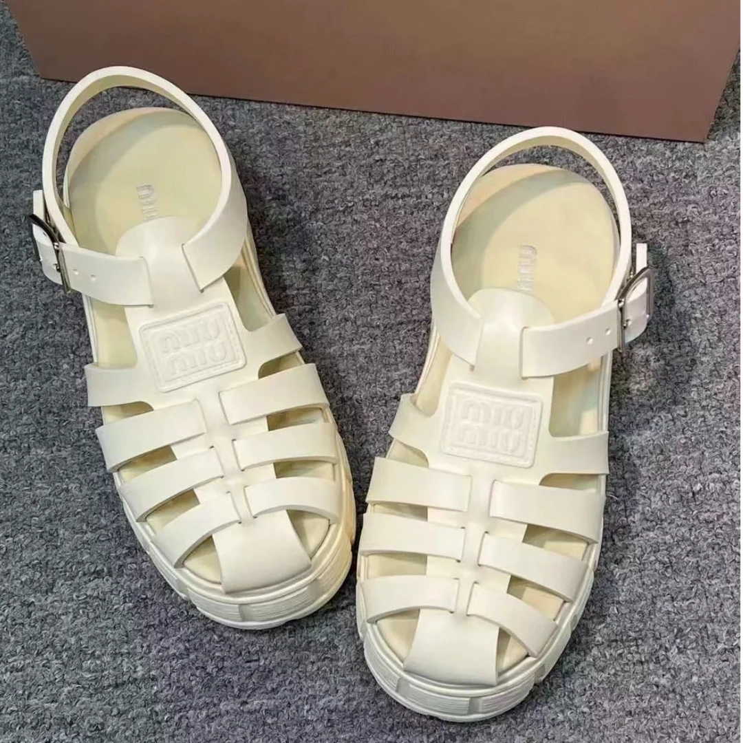 未使用 MIU MIU/缪缪 白色编织厚底罗马凉鞋39