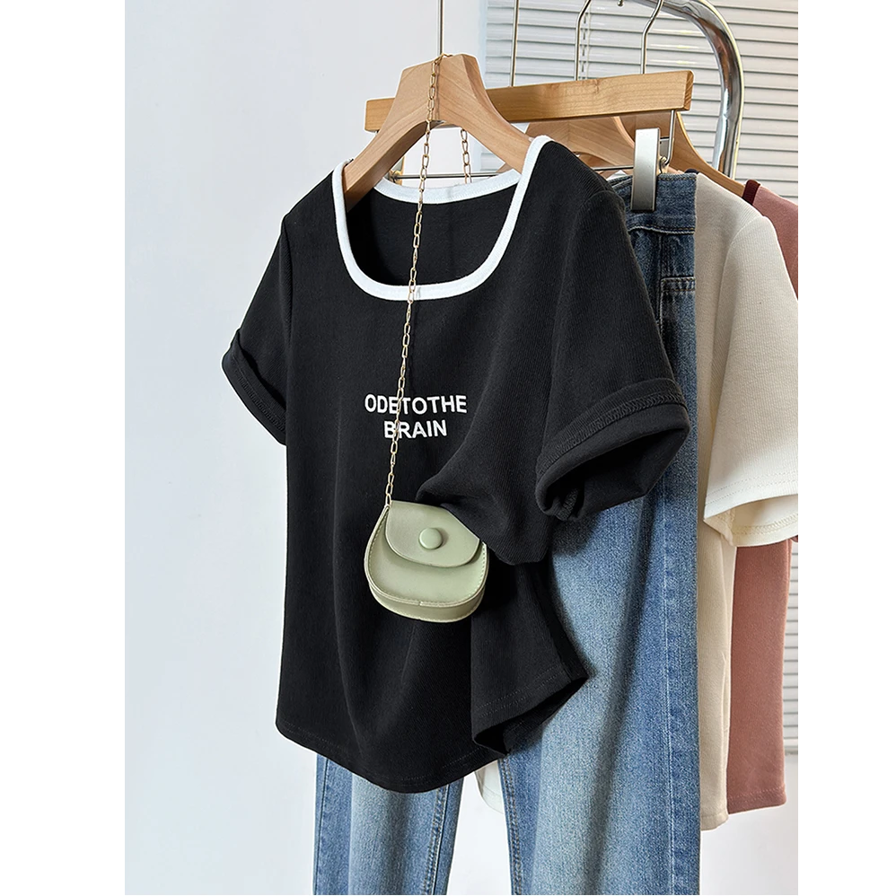 2025夏装新款胖mm大码女百搭休闲撞色字母胖妹妹印花休闲短袖T恤