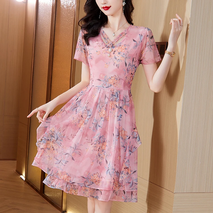 时尚洋气碎花网纱短袖裙子夏季2025气质女人味优雅显瘦遮肚连衣裙