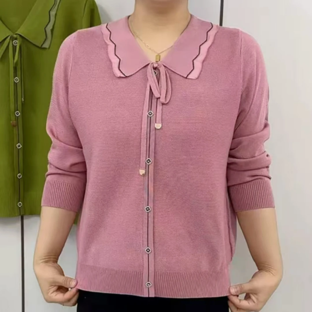 中年妈妈装春秋新款洋气翻领系带百搭显瘦打底衫时尚休闲宽松小衫