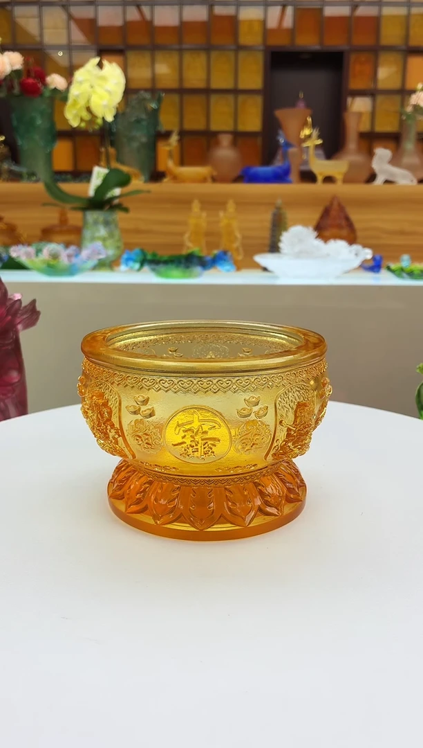 手工艺品琉璃琥珀色五路财神聚宝盆14.5*8.5公分