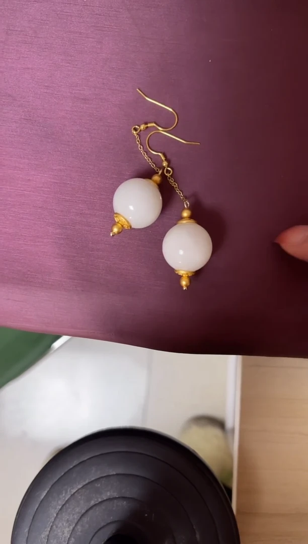 【闪购商品】和田玉耳饰银S925镀金镶嵌和田玉耳钩