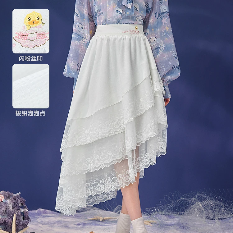 【海蓝仙迹】B.Duck小黄鸭夏甜美可爱不对称半身裙蕾丝花边蛋糕裙