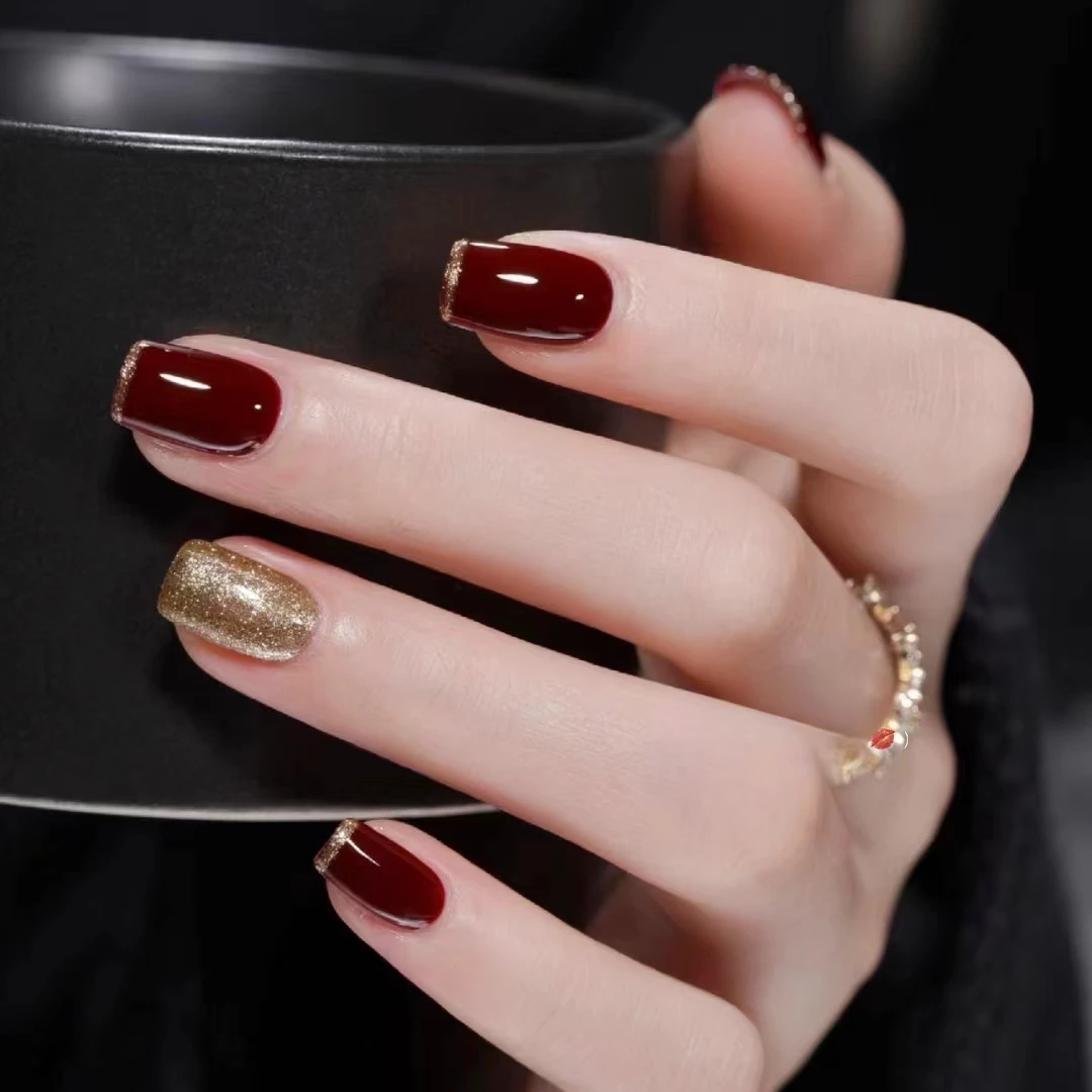 金色爆闪免烤指甲油防水不掉色爆闪美甲脚甲不可剥流行色车厘子红