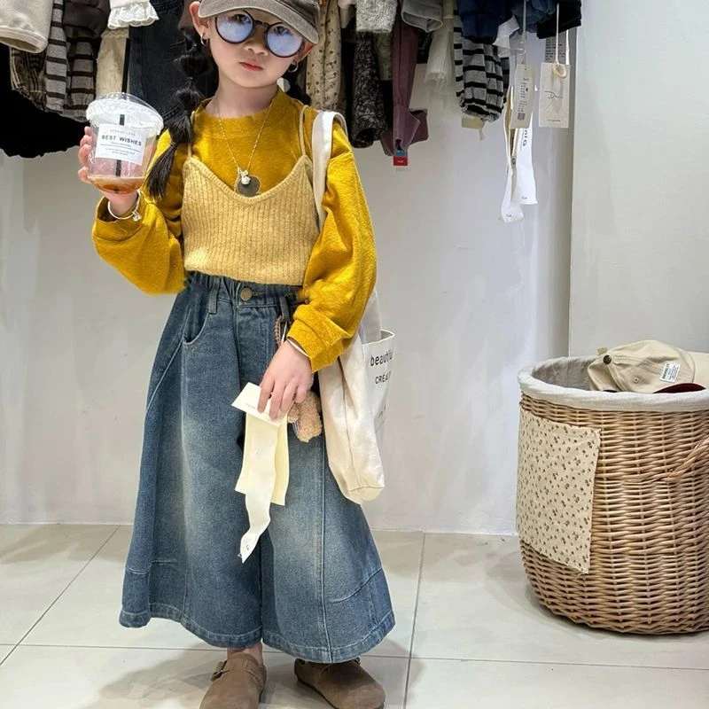 女童秋装2025新款女宝长袖打底衫牛仔阔腿裤三件套时髦真两件上衣