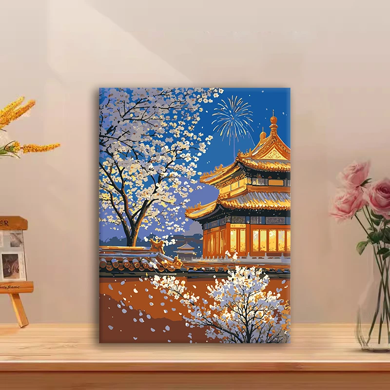 (深宫夜落）diy数字油画手工填色手绘解压治愈生日礼物丙烯装饰画