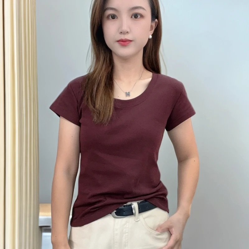92棉正肩纯色短袖T恤女修身U领春夏季打底衫体恤内搭针织上衣