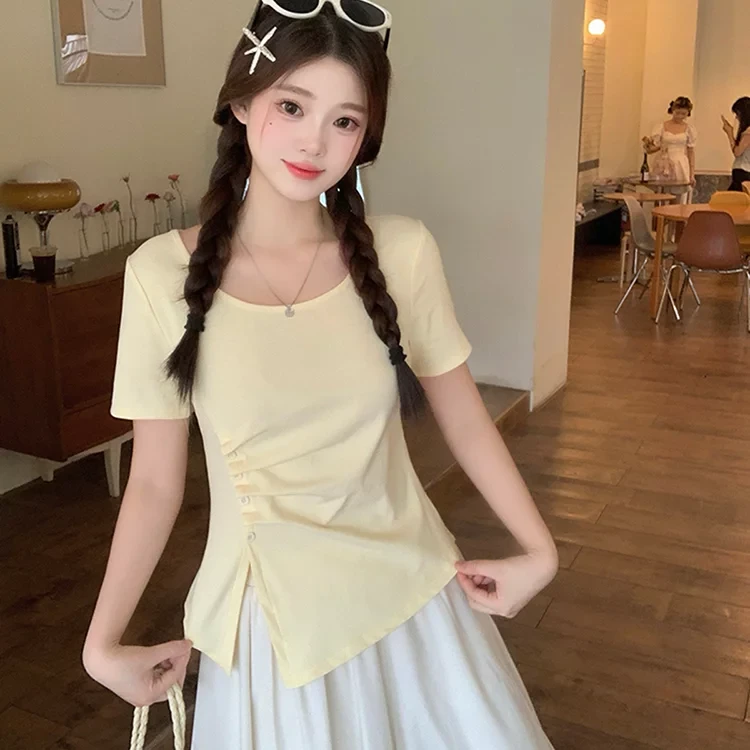 HH1444大码女装2025夏装新款胖m甜辣妹v领不规则收腰轻薄短袖T恤