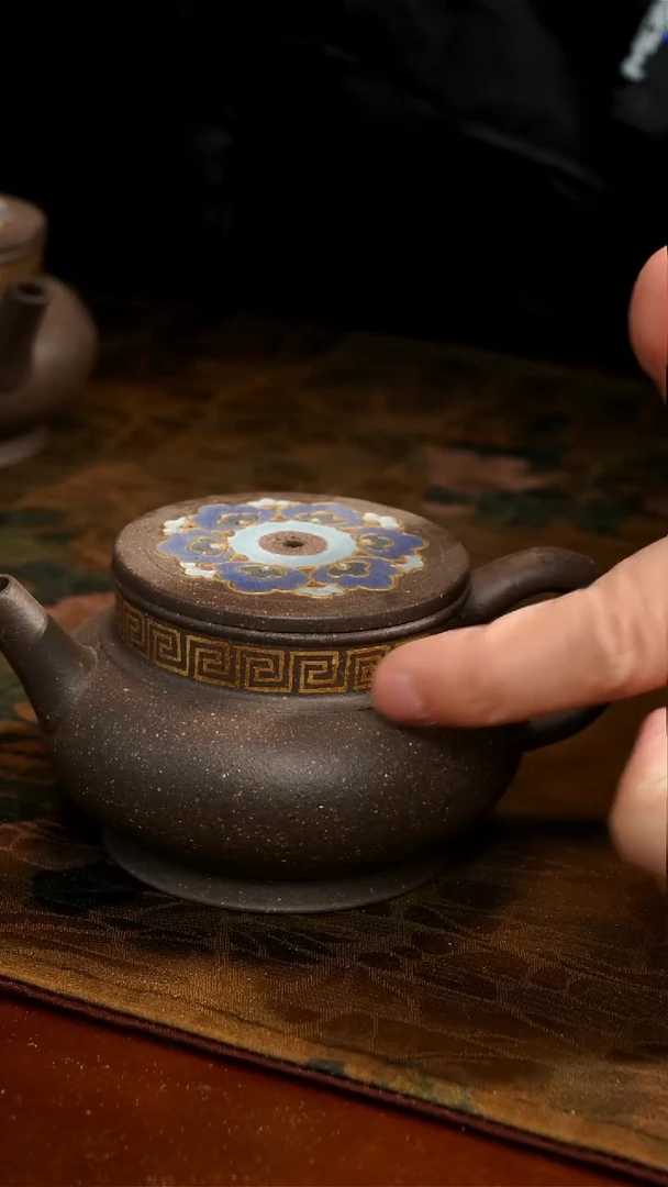 茶壶紫砂天青加金珐琅壶大瑕