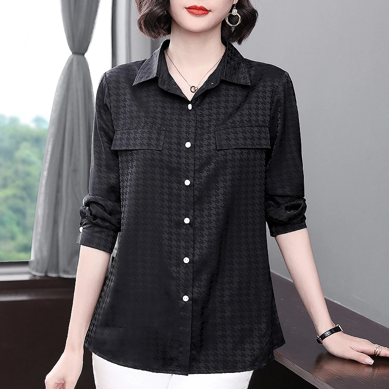 大码女士黑色衬衫2025新款春秋长袖小衫中年妈妈休闲衬衣外套