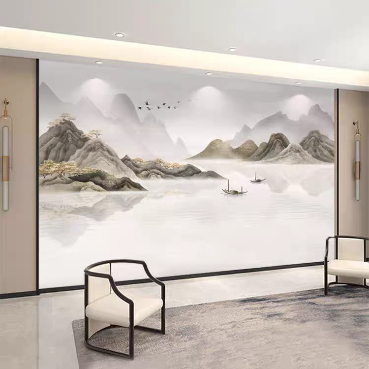 电视背景墙墙贴壁画山水画客厅3d装饰墙布水墨画壁纸定制新中式