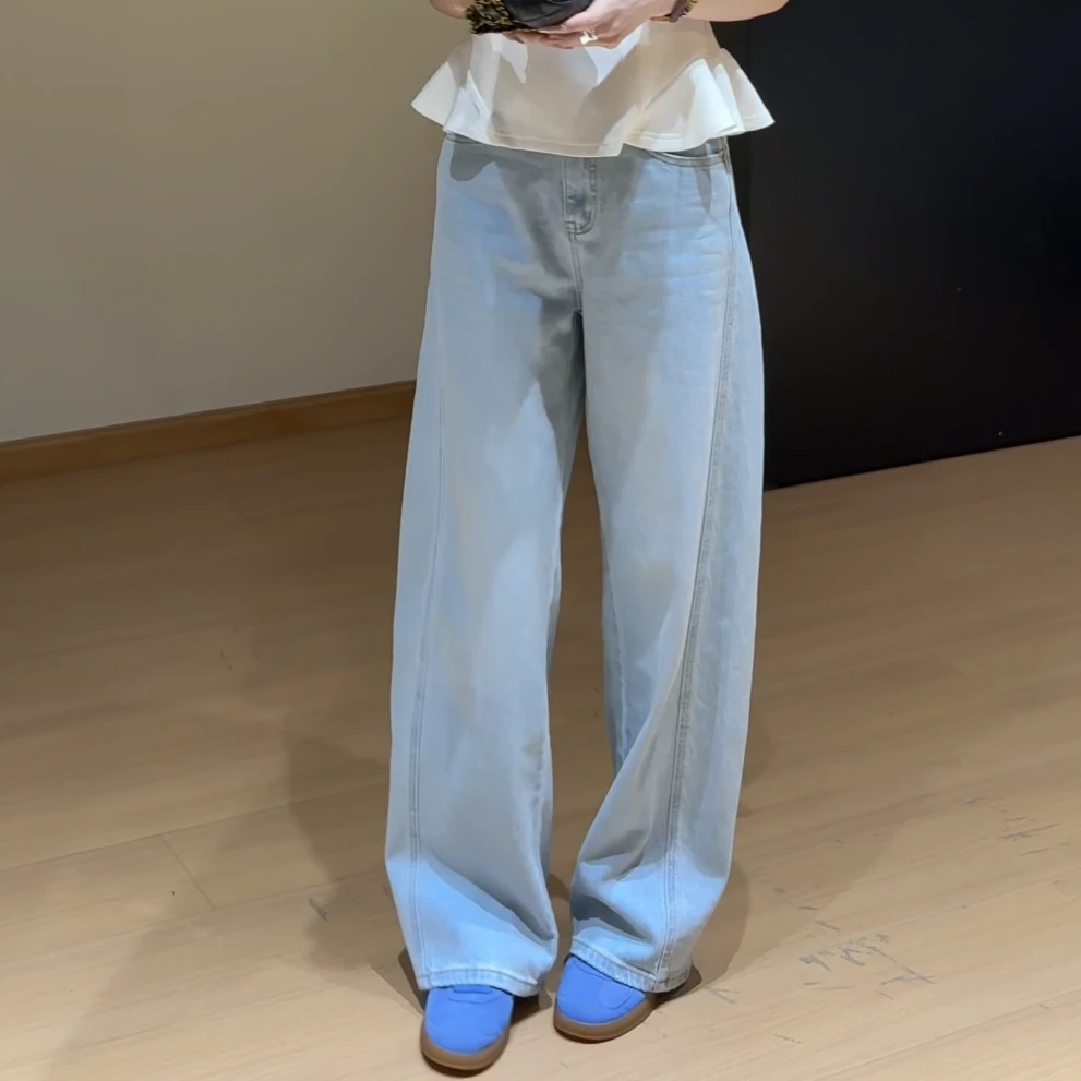 6639早春新款高腰宽松显瘦垂感拖地浅色直筒牛仔裤