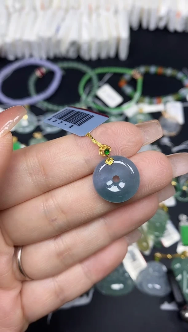 吊坠(不含链)18K金镶嵌翡翠平安扣18K金扣镶嵌@@A37-2