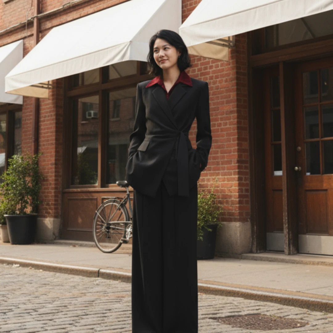 爆款春秋老钱风气质套装欧若风穿搭长袖西装高腰阔腿裤HBZC622110