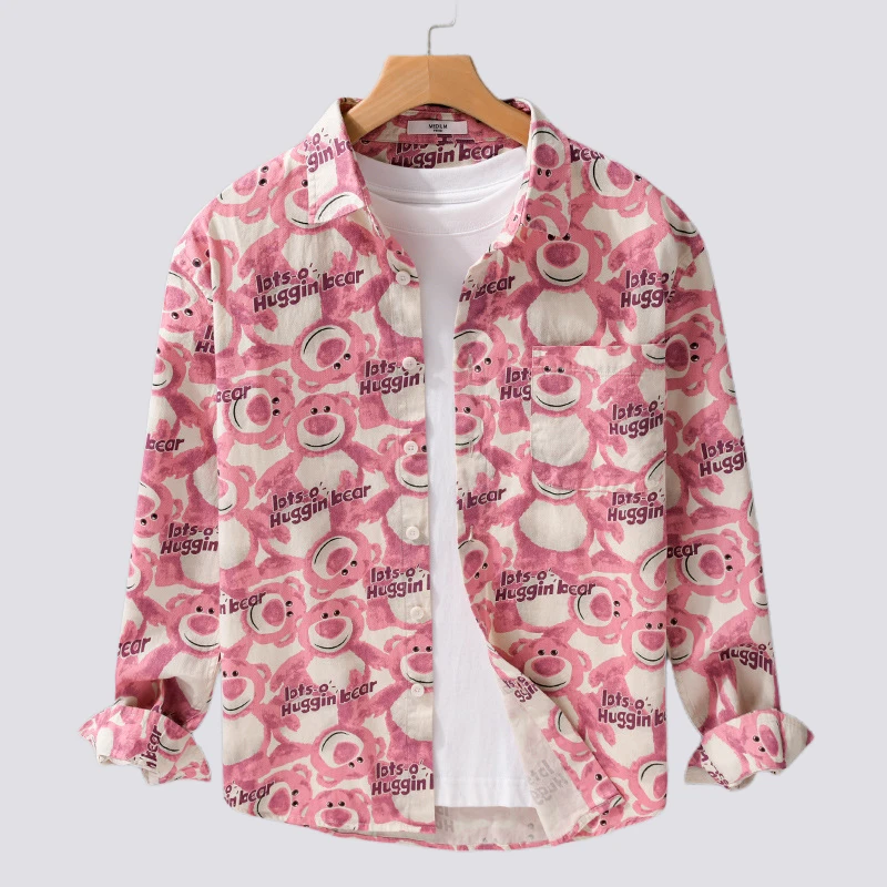 纯棉春秋季字母简约长袖衬衫潮流休闲宽松流行青年卡通满印衬衣男