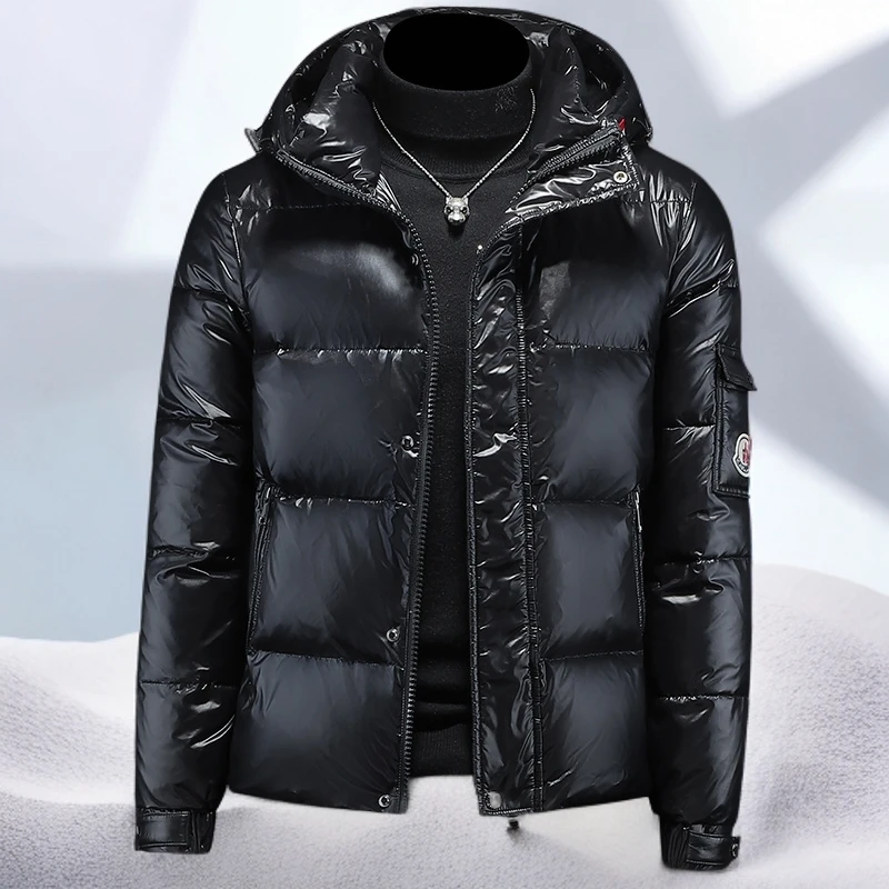 宾斯洛特冬季新款白鸭绒亮面连帽羽绒服男士休闲上衣百搭保暖外套