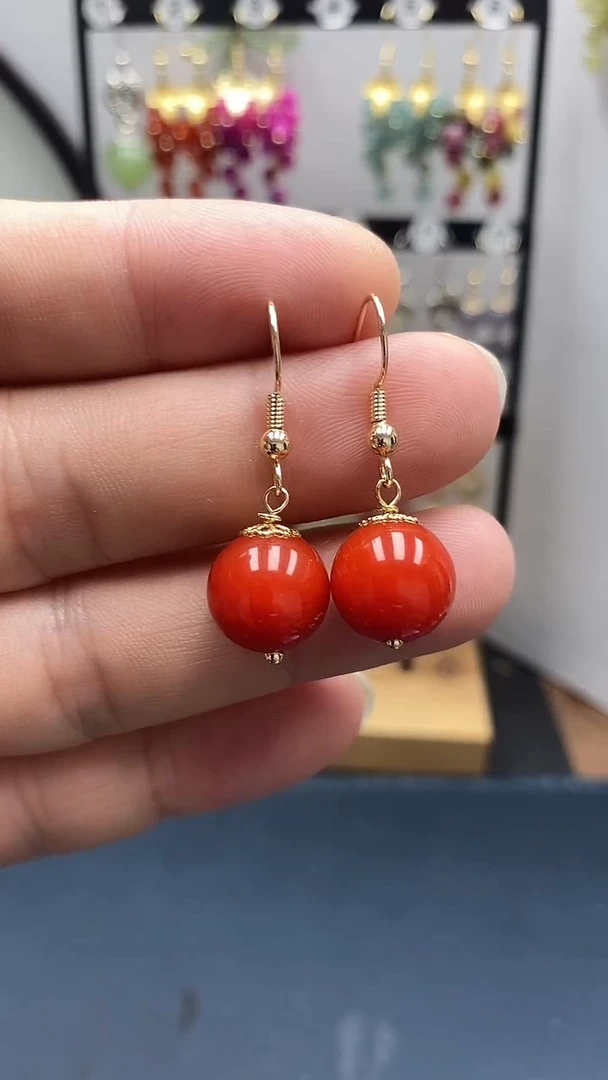 南红玛瑙银S925镀金镶嵌耳饰尺寸12mmC2