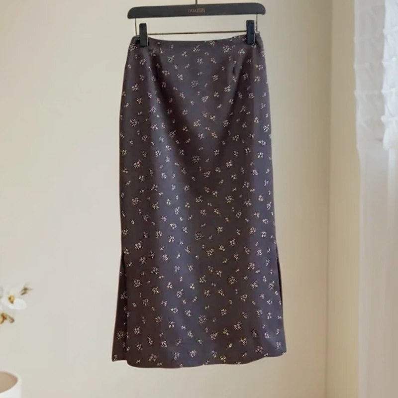 碎花温柔风高腰开叉直筒裙2025年夏季新款通勤设计感显瘦半身裙