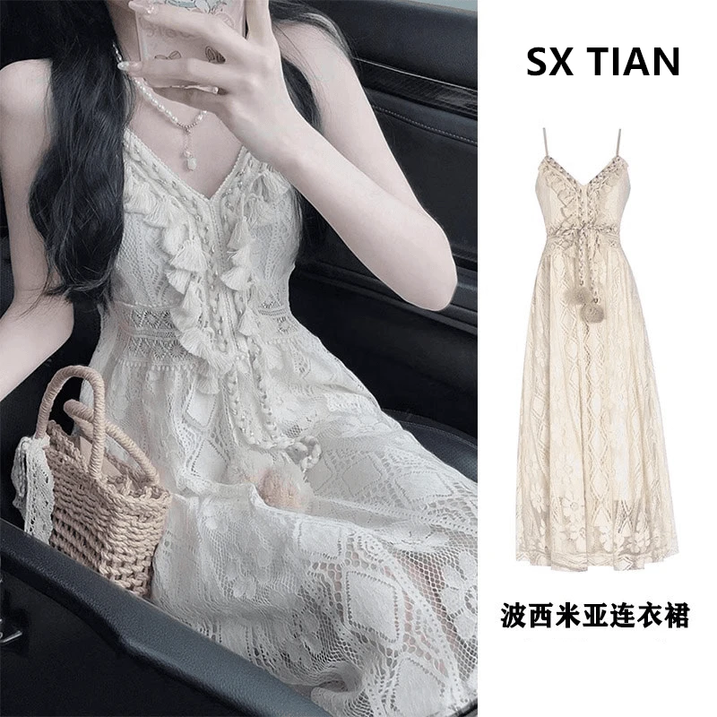 波西米亚民族风连衣裙女夏季新款法式复古气质温柔蕾丝拼接吊带裙