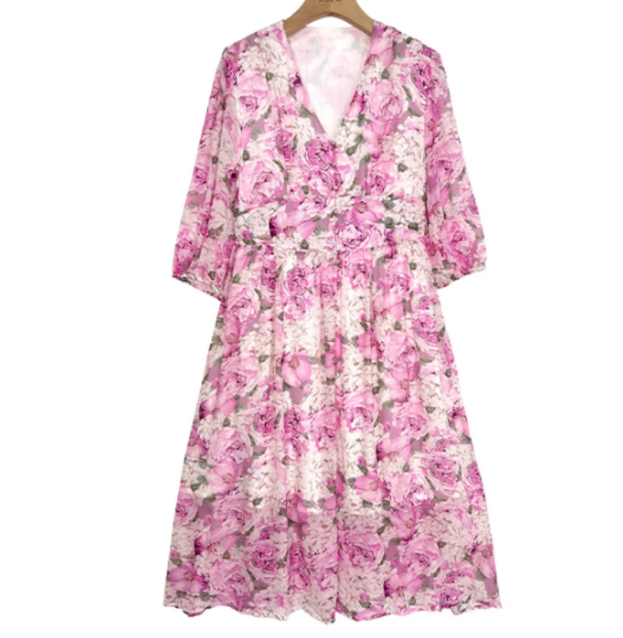 新款碎花桑蚕丝连衣裙时尚显瘦宽松气质简约长裙舒适轻奢LW 910