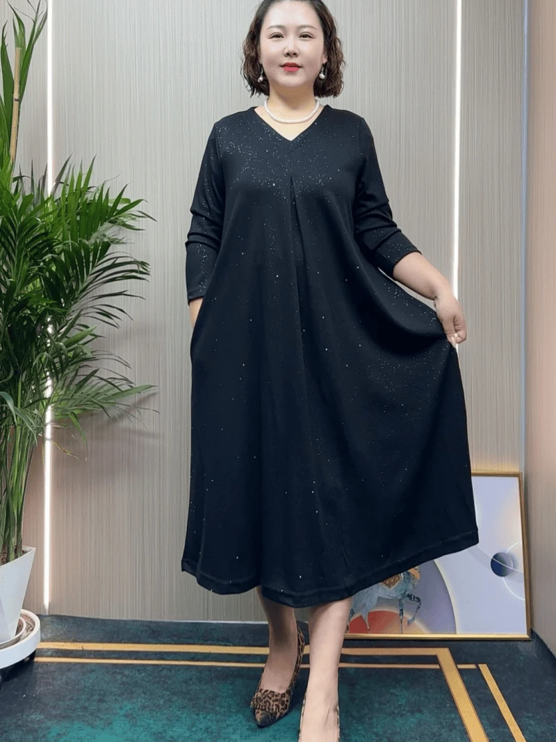 加肥加大码新款妈妈装遮肚子满天星宽松烫金显瘦遮肉大码连衣裙