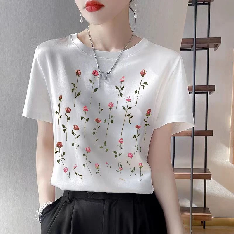 1248夏滑缎面冰凉感百搭时尚印花休闲女半袖T恤洋气AB拼接短袖