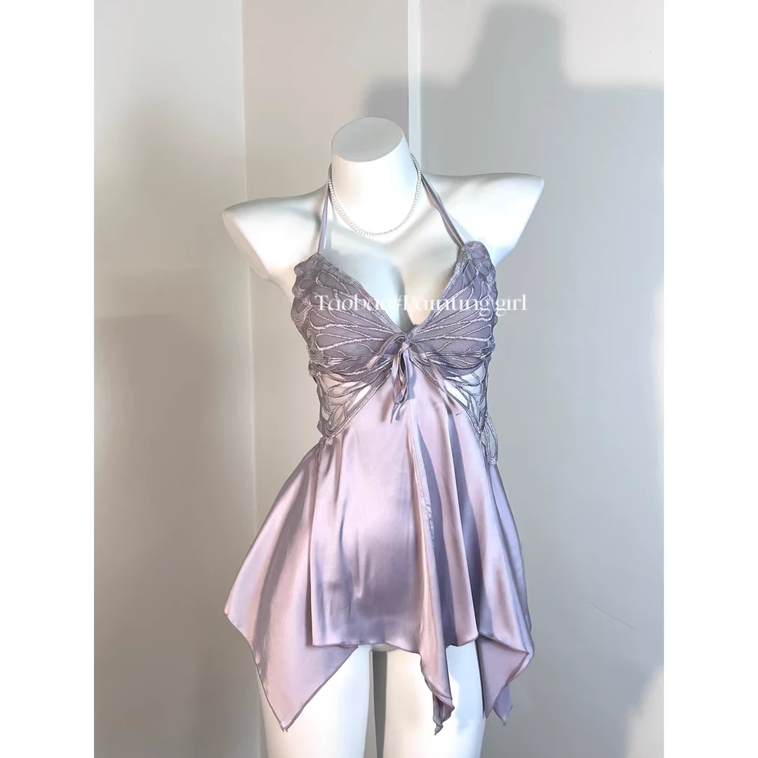 蝴蝶自来冰丝吊带带胸垫家居服夏季露背睡裙轻奢高级感纯欲睡衣女