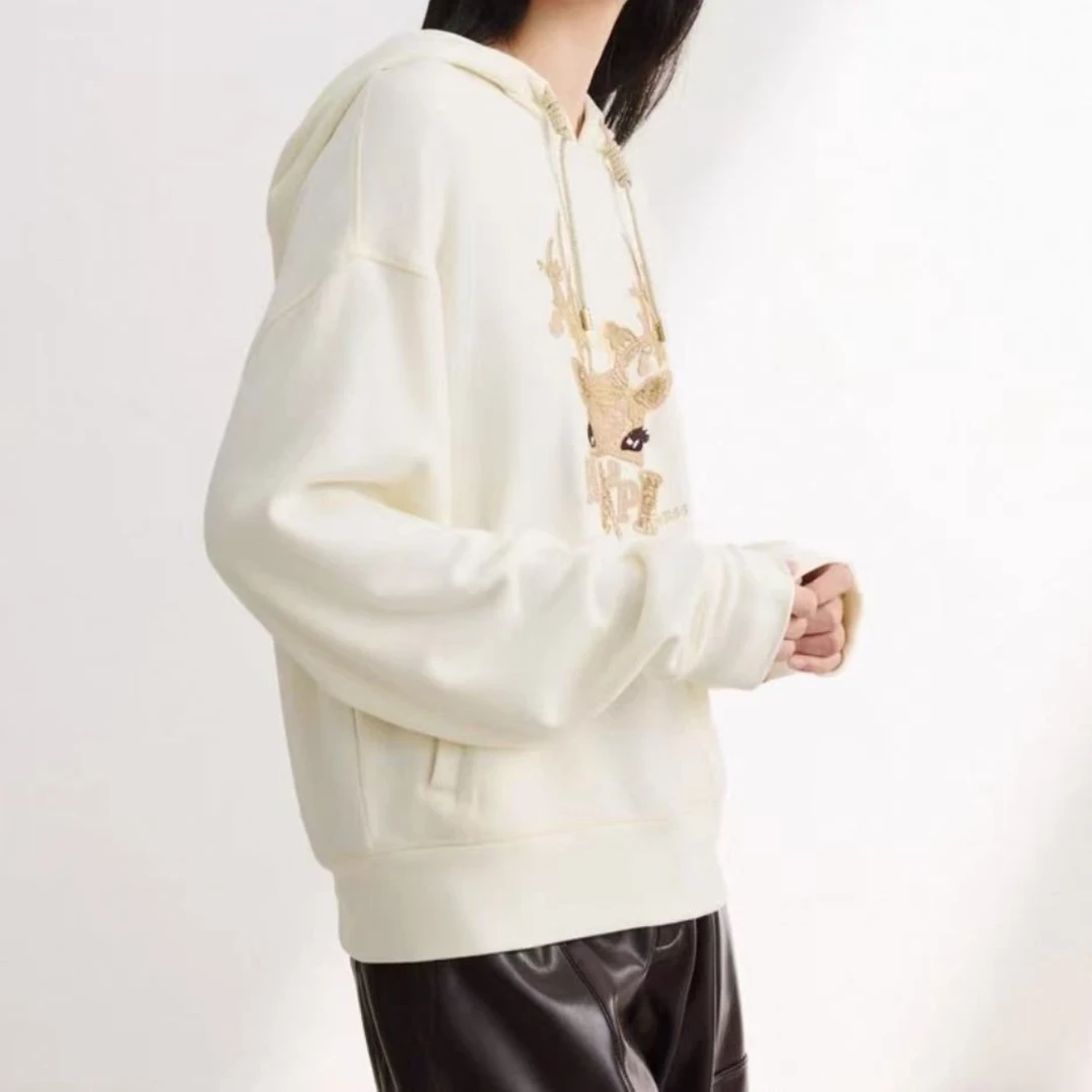（一宁050）开衫女卫衣白色秋季休闲加绒抽绳连帽四季通用上衣