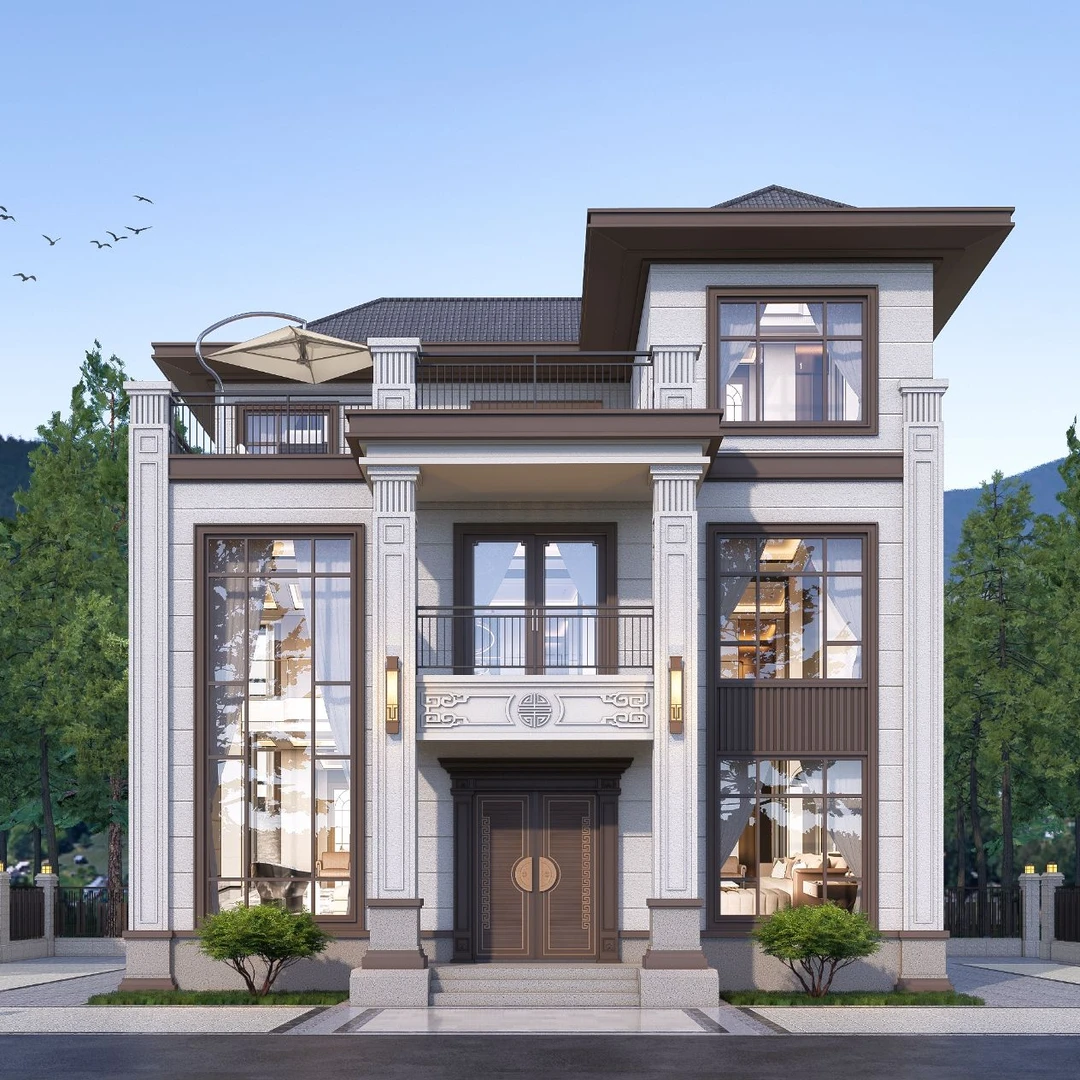 054新中式农村自建房三层别墅全套设计施工图纸【宽11×11米】