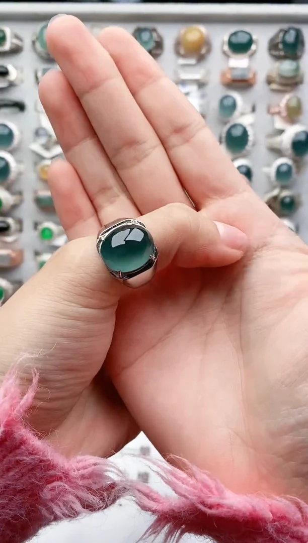 【闪购商品】翡翠戒指银S925镶嵌天然翡翠时尚男戒