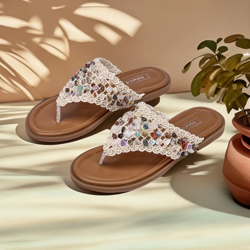 热风米色人字2025年夏季新款女士时尚度假甜美夹脚拖鞋女鞋外穿