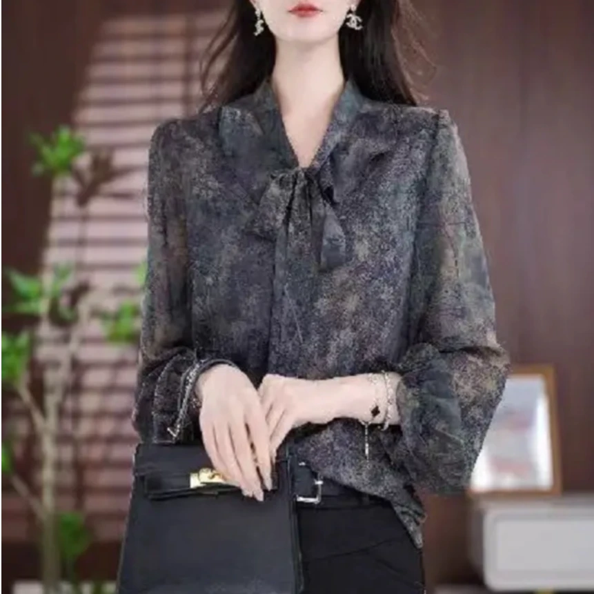 X8819高端时尚长袖碎花雪纺衬衫女2025春季新款显瘦气质衬衣女