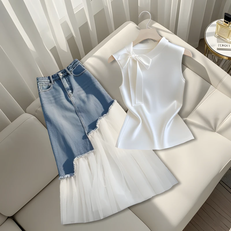 2025夏季法式chic时尚气质无袖上衣T恤牛仔网纱拼接半身裙套装女