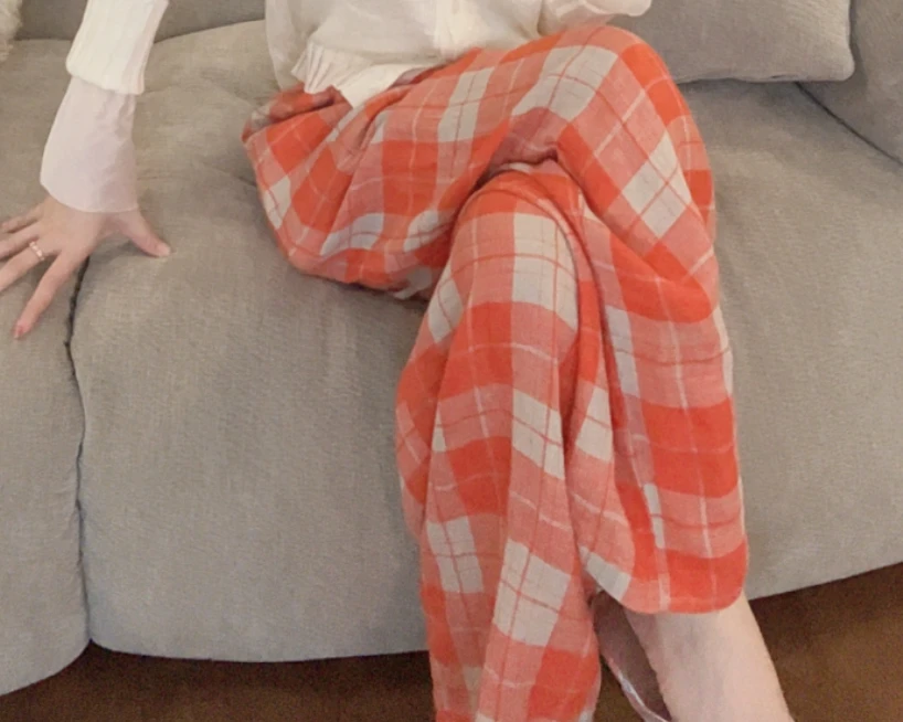 【悦悦专属】夏季多巴胺蕾丝拼接格子亚麻休闲裤Y336