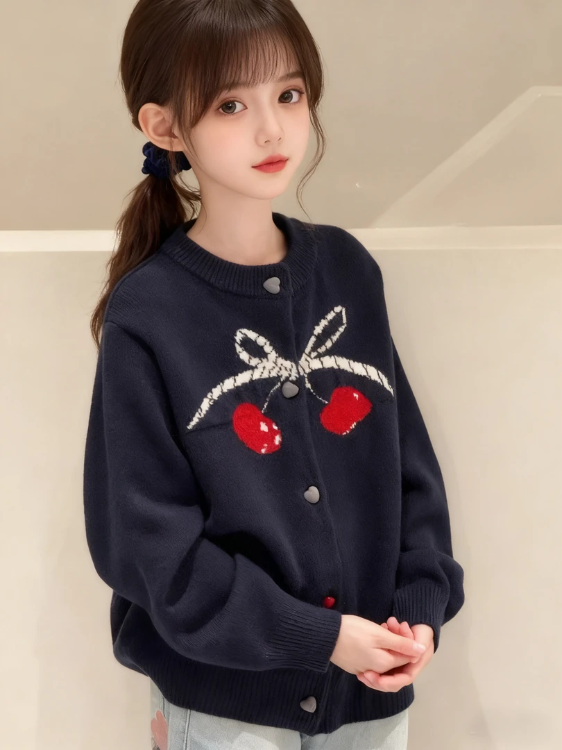 韩版女童毛衣开衫 秋冬新款儿童樱桃提花洋气针织圆领外套6810