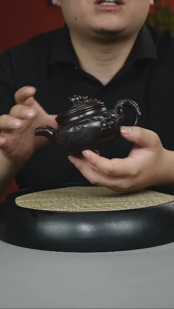 茶壶紫砂黑料石红 寿桃仿古