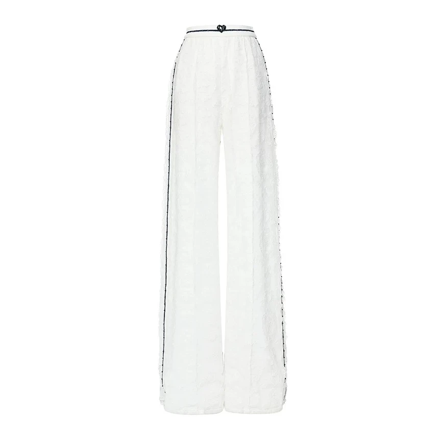 LeFame/拉飞姆24夏撞色慵懒蕾丝运动白色直筒长裤LF24X51SP194