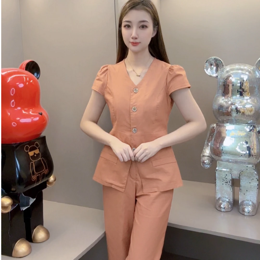 2025夏季新款橘色亚麻薄款上衣+裤子两件套