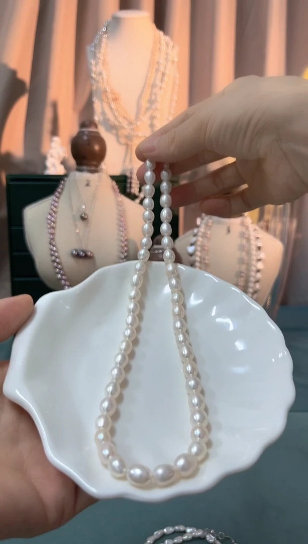 颈饰银S925镶嵌淡水珍珠白胖米珠项链福利款