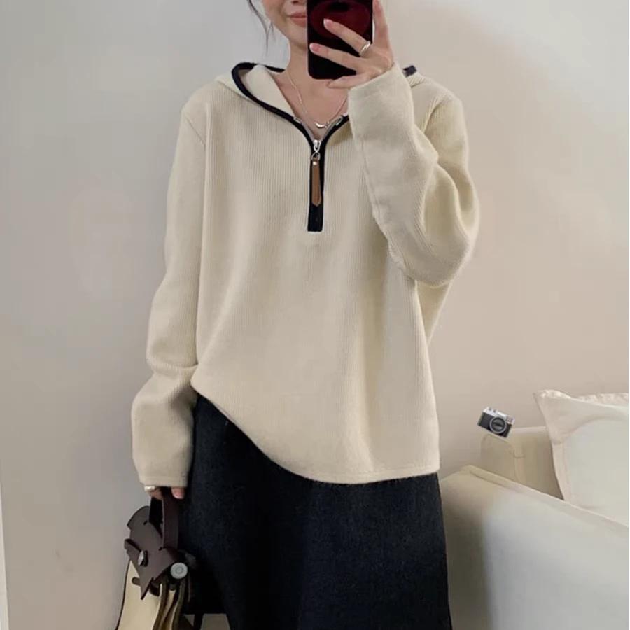 【静姐家】124秋冬时尚半拉链连帽女针织上衣