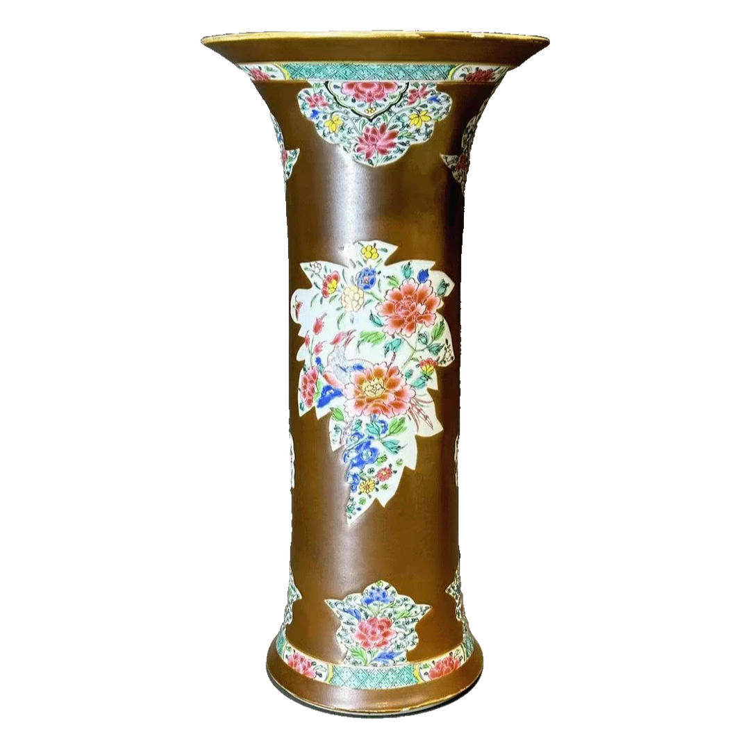 25022802x紫金釉开光粉彩锦鸡牡丹花觚