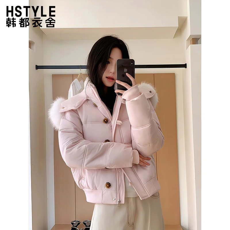 韩都衣舍小个子短款棉服修身版毛领棉袄外套冬季新款加厚女款棉衣