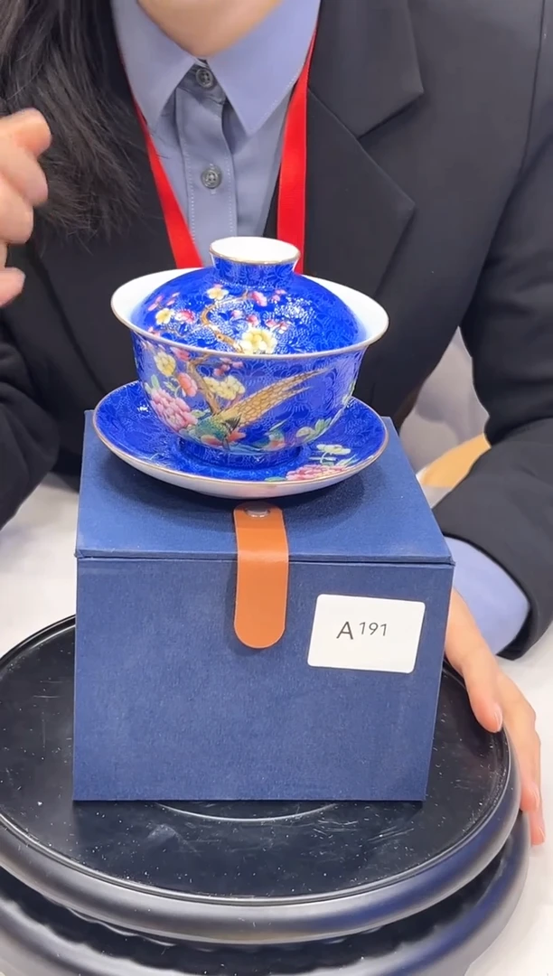 【闪购商品】盖碗深蓝底扒花花鸟三才盖碗A191