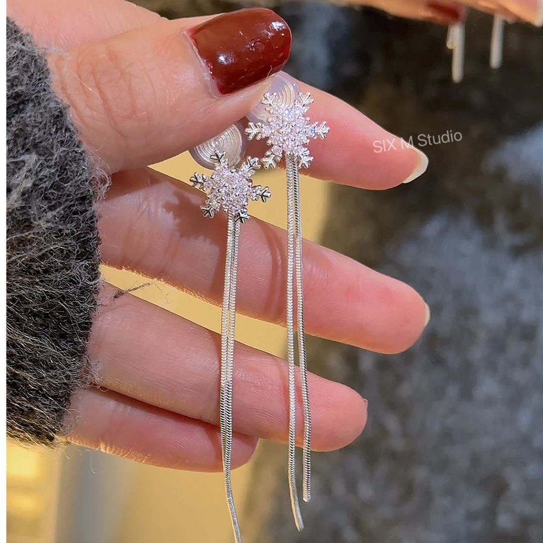 合金耳饰 耳饰无耳洞闪耀雪花长款垂坠耳夹女耳线简约蚊香盘耳夹