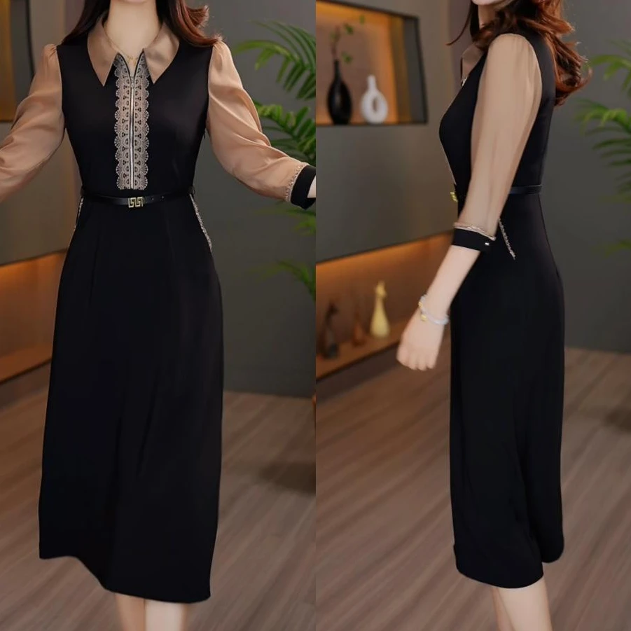 2025夏季新款高货香槟蕾丝连衣裙赠腰带气质收腰中长款修身名媛